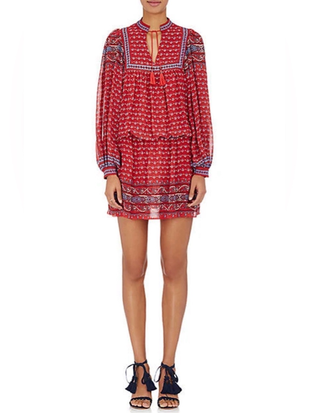 ULLA JOHNSON Reema Indian Floral Printed Silk Bohemian Dress Scarlet Red Size 2